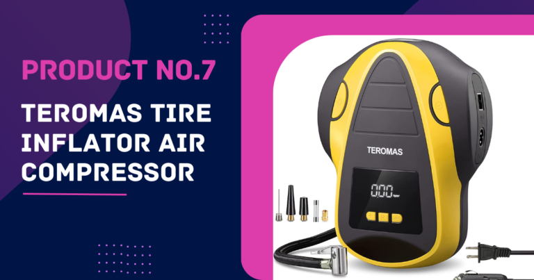 The TEROMAS Tire Inflator Air Compressor is a portable and small air compressor made for inflating tires, inflatable sports equipment, and other goods.