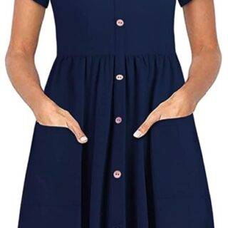 OUGES Women's V Neck Button Down Skater Dress with Pockets