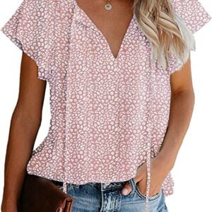 Mansy Women's Casual Floral Print V Neck Ruffle Short Sleeve Summerb