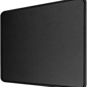 The image shows a black mouse pad on a white background. The mouse pad is rectangular with rounded corners and has a stitched edge. It is approximately 8.5 inches wide by 11 inches long.