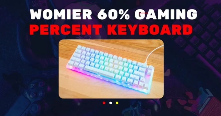 The image shows a white keyboard with rainbow lights on a wooden table. It has the text "WOMIER 60% GAMING PERCENT KEYBOARD" on the front.
