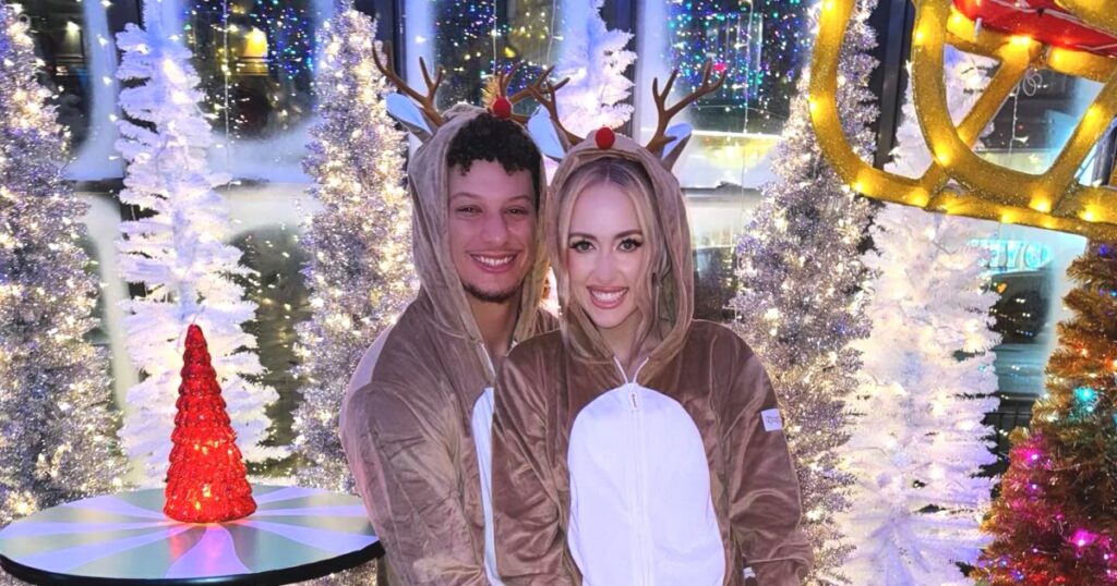 Mahomes and Wife Brittany Slay the Holiday Style Game in Reindeer Onesies at “Jolly” Bash